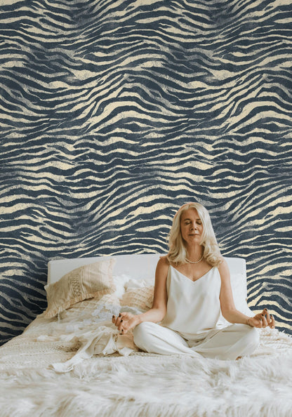 Navy Blue Zebra Print Wallpaper: Textured Peel and Stick Wall Mural