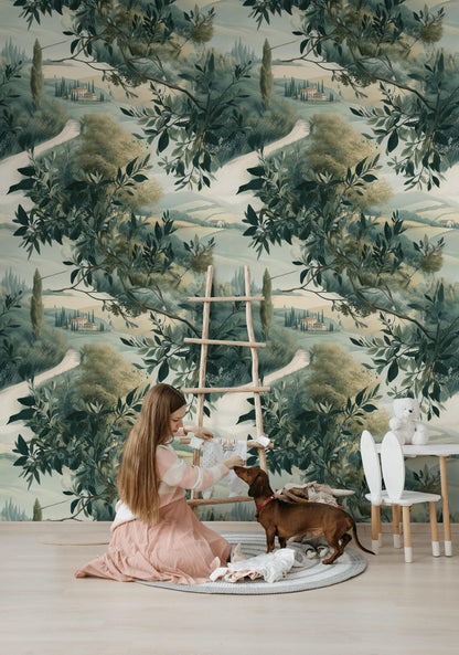 Tuscan Landscape Wallpaper | Olive Tree Wall Mural | Italian Countryside Peel and Stick Decor