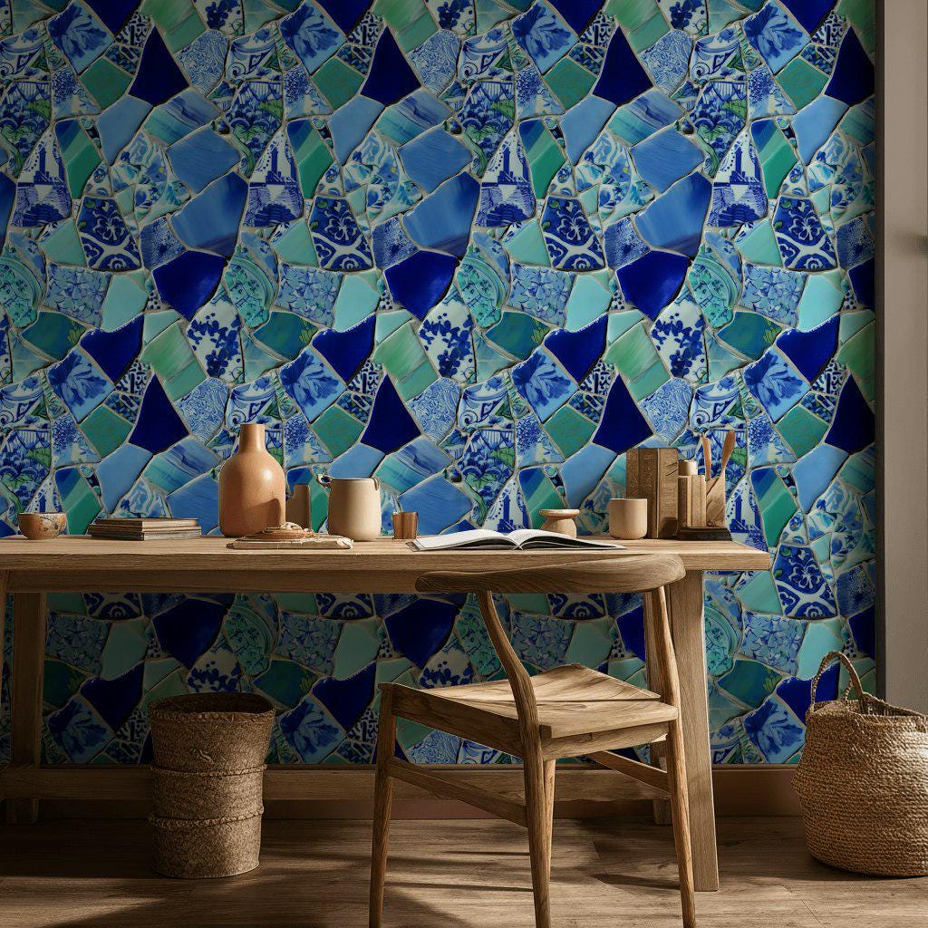 Blue Broken Ceramic Mosaic Wallpaper, Chinoiserie Porcelain Peel & Stick or Unpasted Vertical Wall Mural