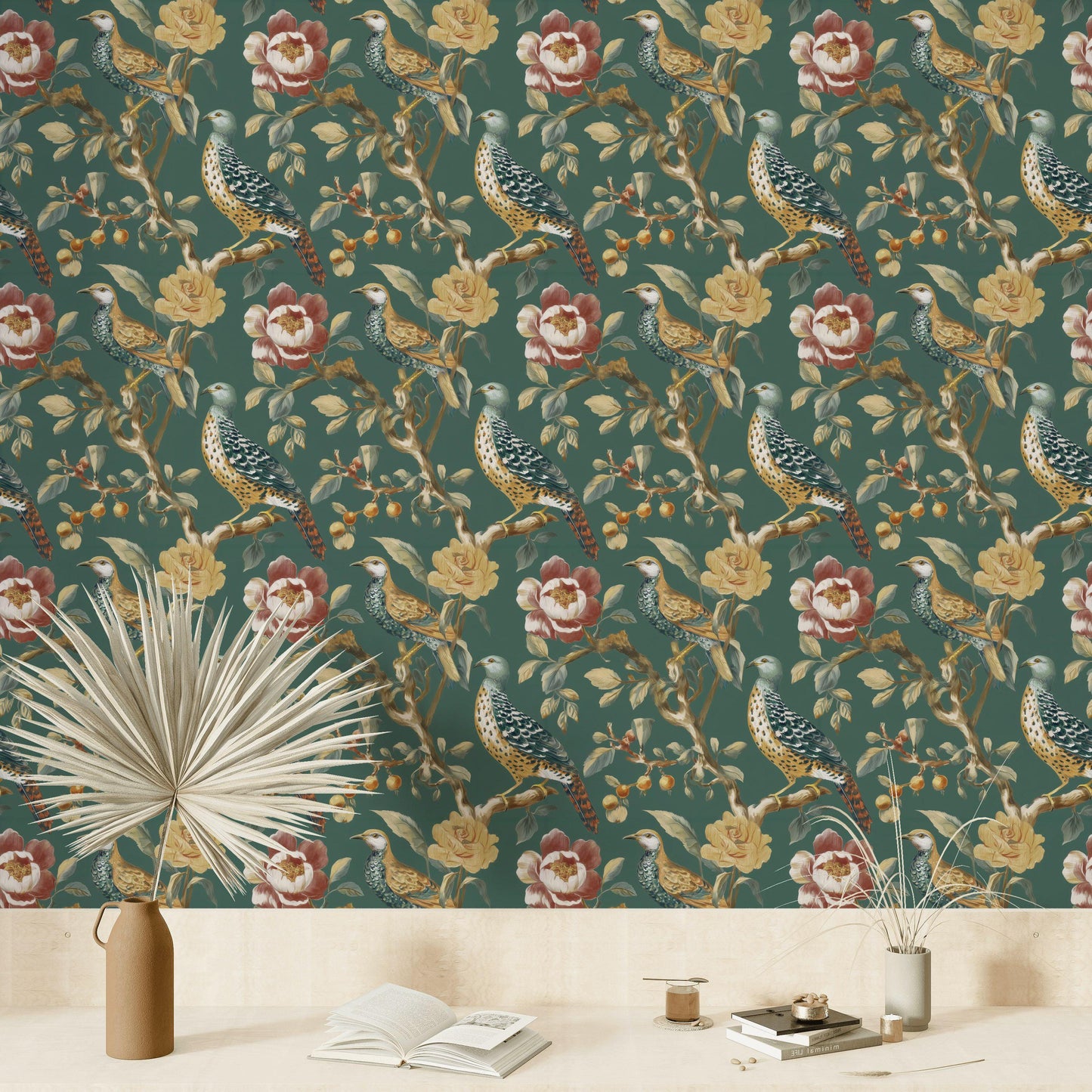 Chinoiserie Bird Wallpaper: Dark Green Floral Peel and Stick Mural