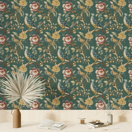 Chinoiserie Bird Wallpaper: Dark Green Floral Peel and Stick Mural