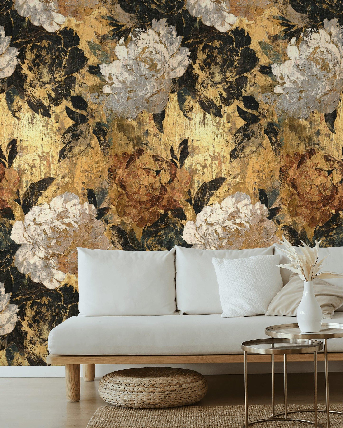 Golden Tones Floral Wallpaper | Textured Impasto Wall Mural | Luxury Botanical Peel and Stick Decor