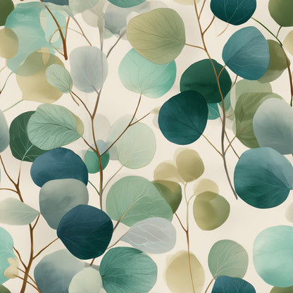 Layered Eucalyptus Leaf Wallpaper in Teal Green Watercolor