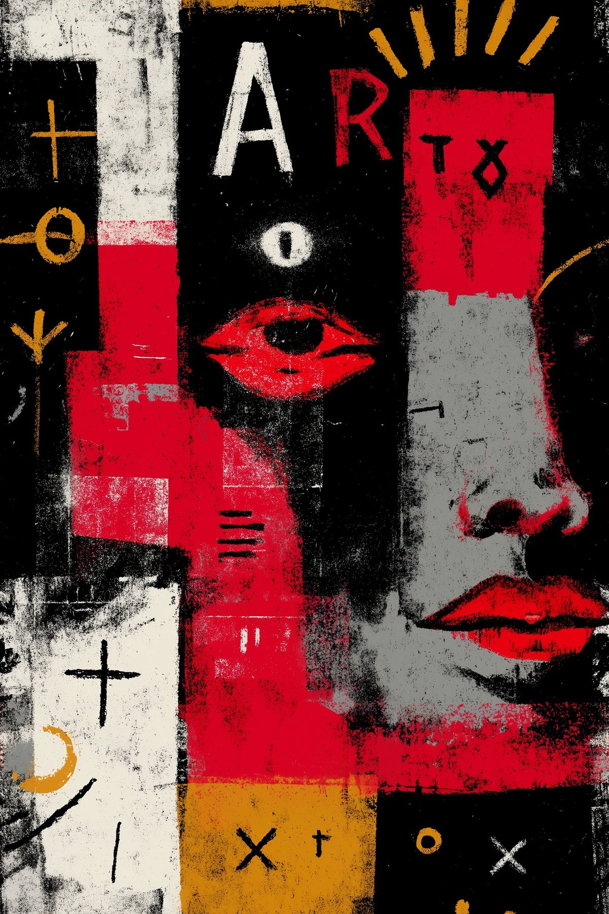 Red and Black Graffiti Wallpaper with Abstract Faces and Typography