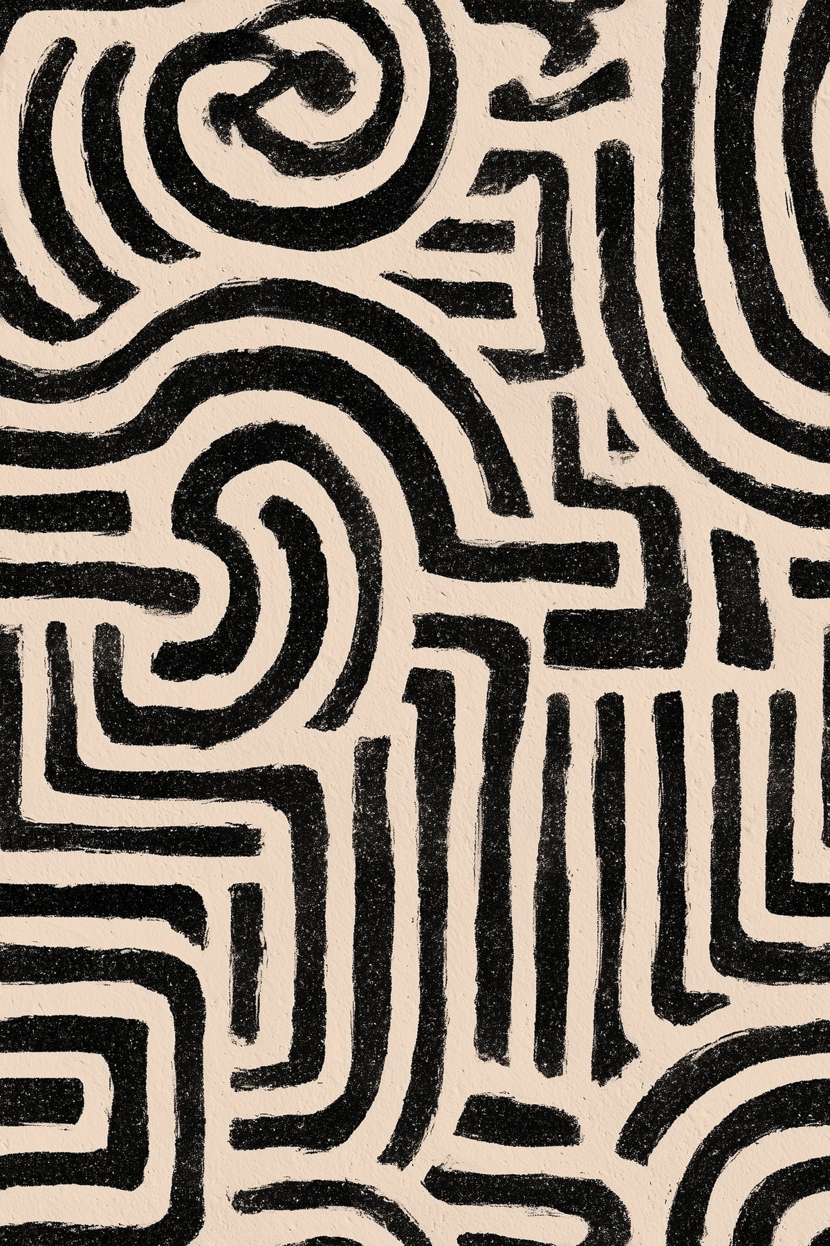 Abstract Maze Wallpaper Black Cream Hand Drawn Line Pattern