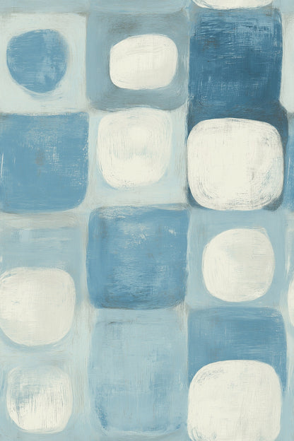 Blue Geometric Wallpaper with Painterly Squares and Ivory Accents