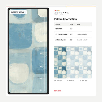 Blue Geometric Wallpaper with Painterly Squares and Ivory Accents