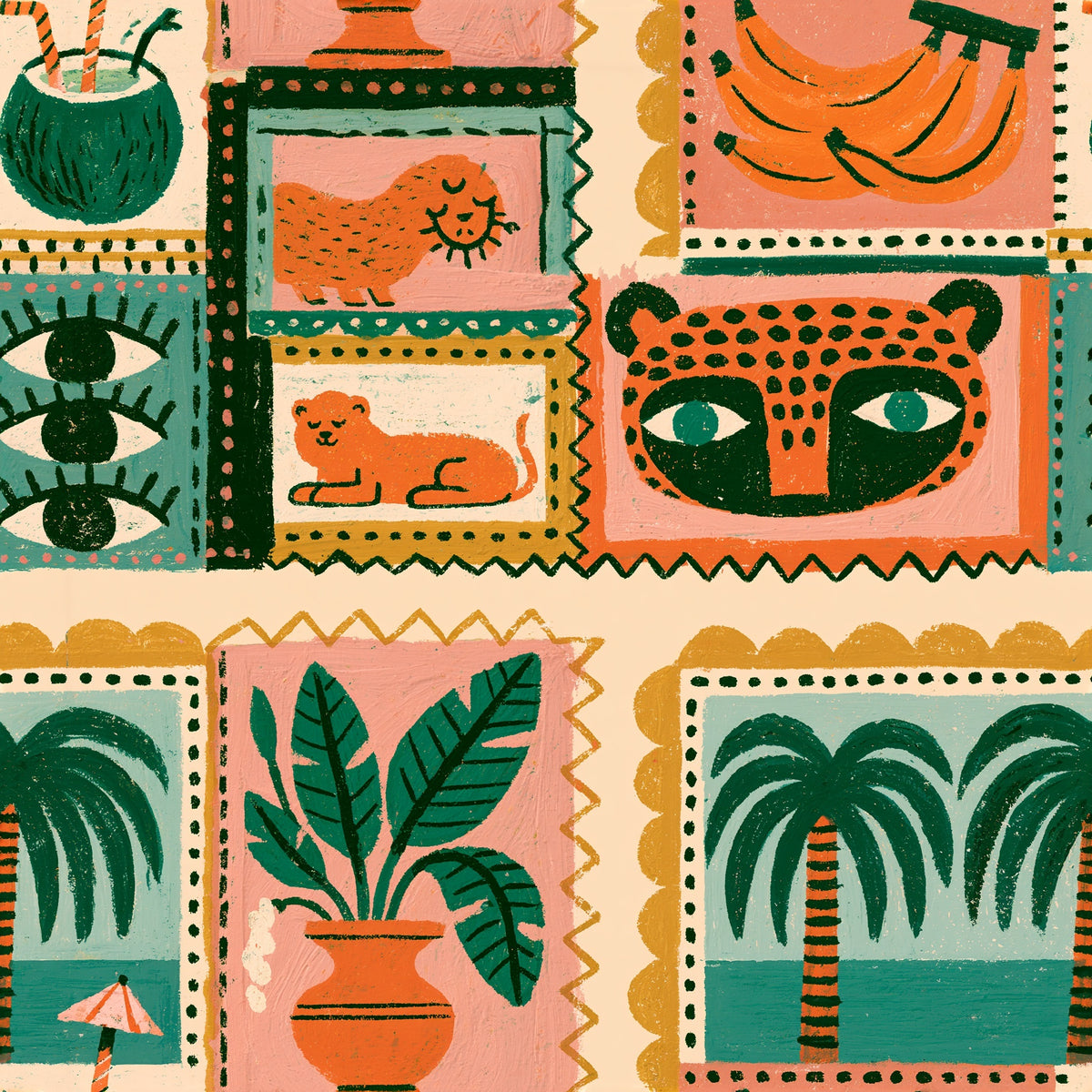 Tropical Folk Art Wallpaper Playful Jungle Collage Pattern