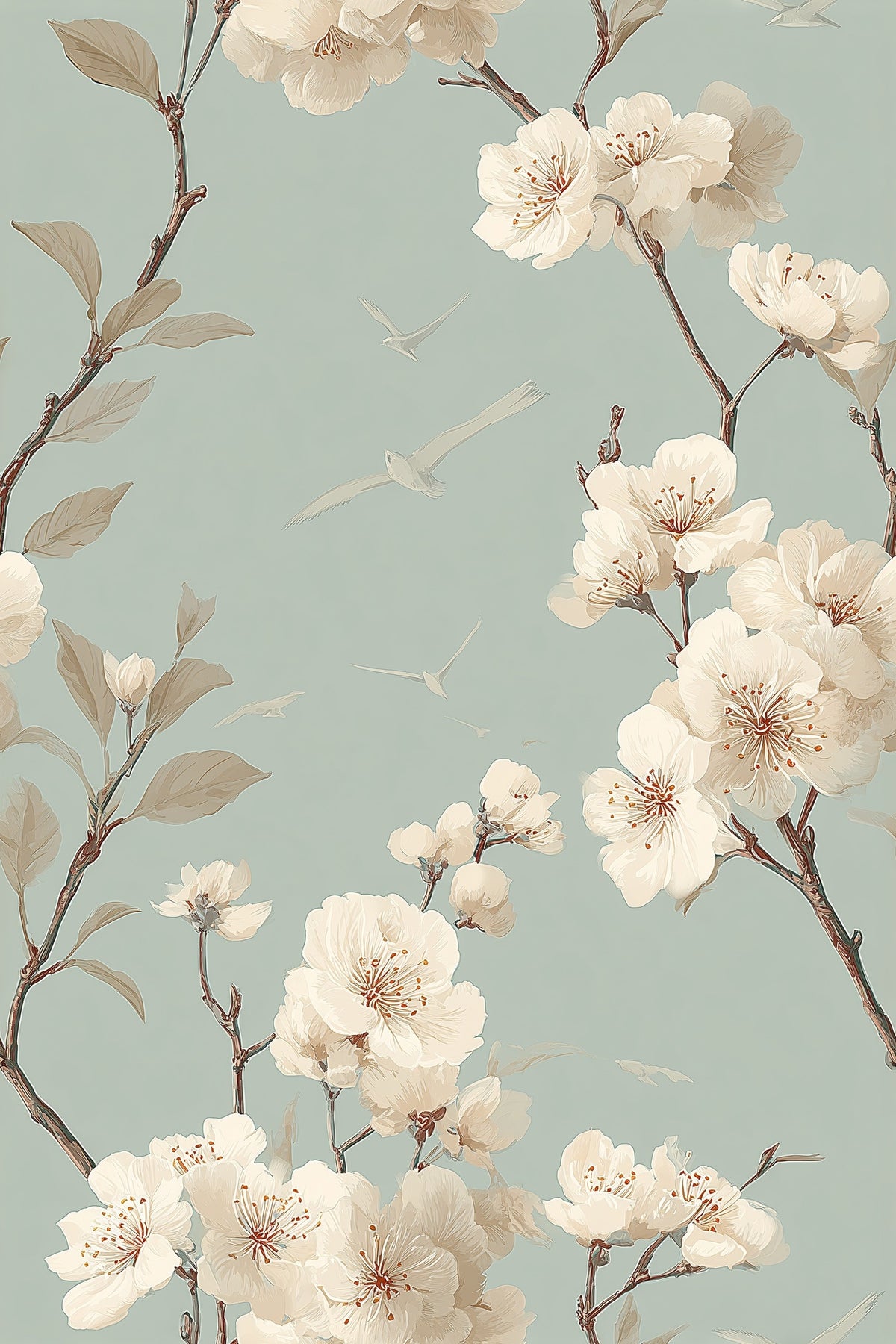Blossom Branch Wallpaper Birds Sage Green Chinoiserie Pattern