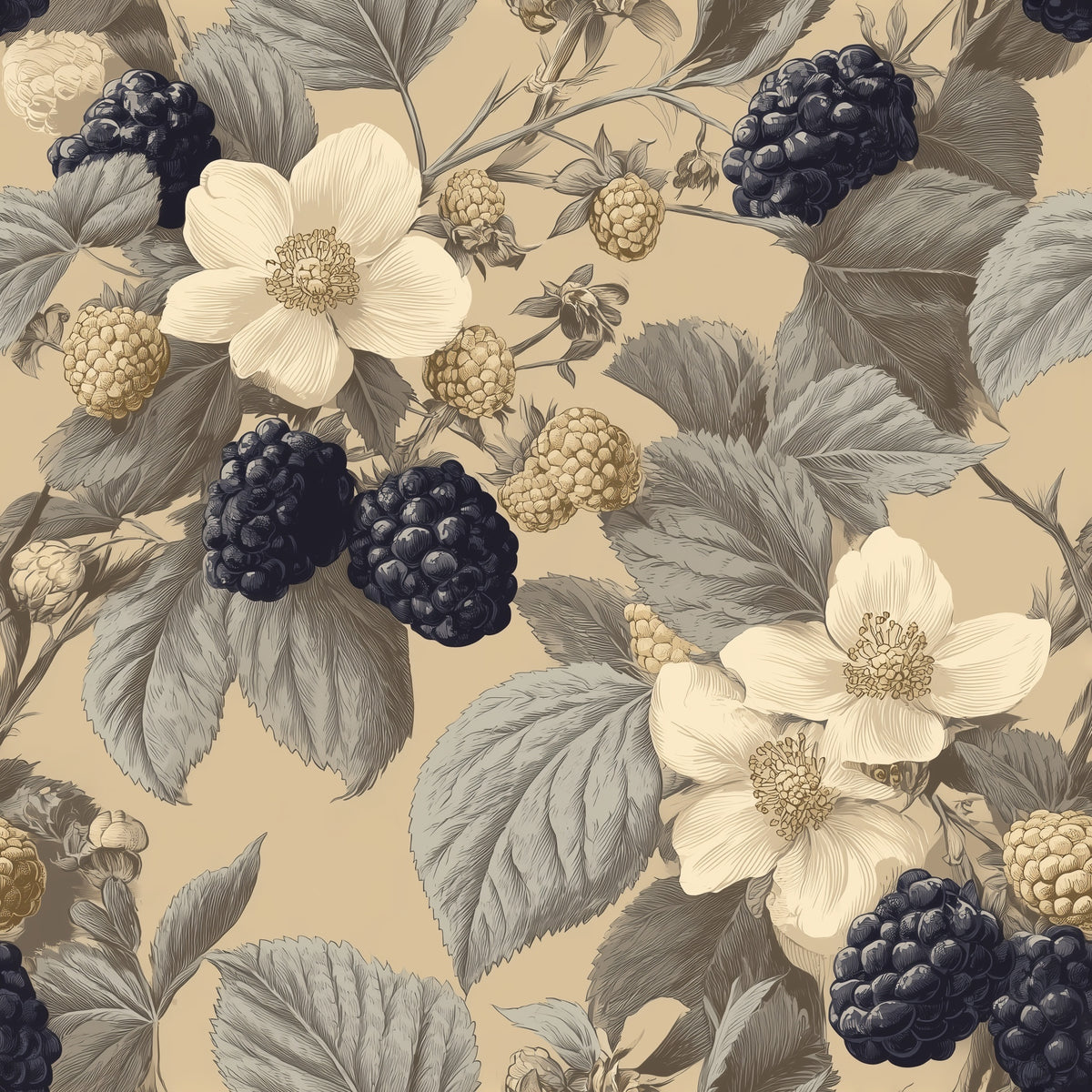Blackberry Wallpaper Botanical Fruit Engraving Garden Pattern