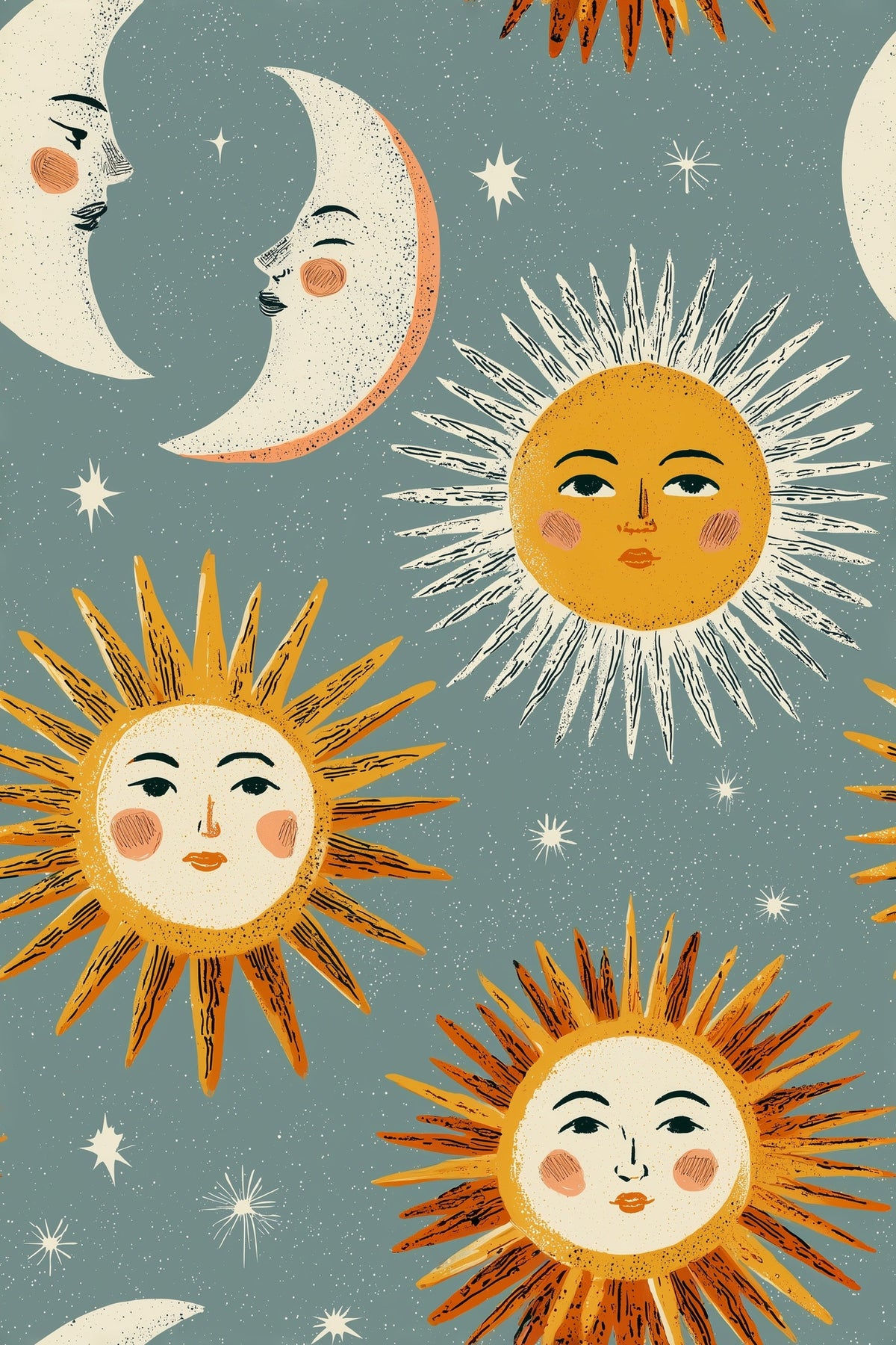 Sun and Moon Wallpaper Celestial Folk Art Pattern Whimsical Star Decor