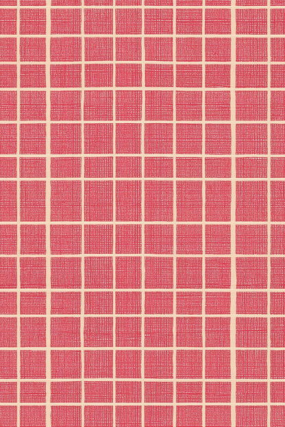 Red Grid Wallpaper Small Check Windowpane Pattern Woven Linen Texture