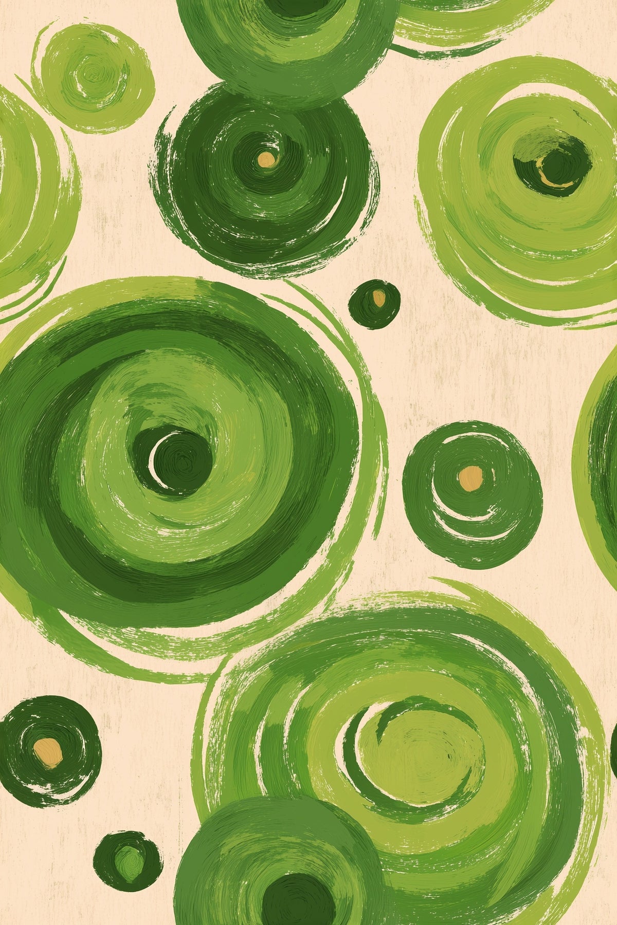 Retro Green Circle Wallpaper with Painterly Rings on Cream