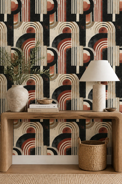 Abstract Arches Wallpaper Distressed Geometric Pattern Black Cream Terracotta Decor