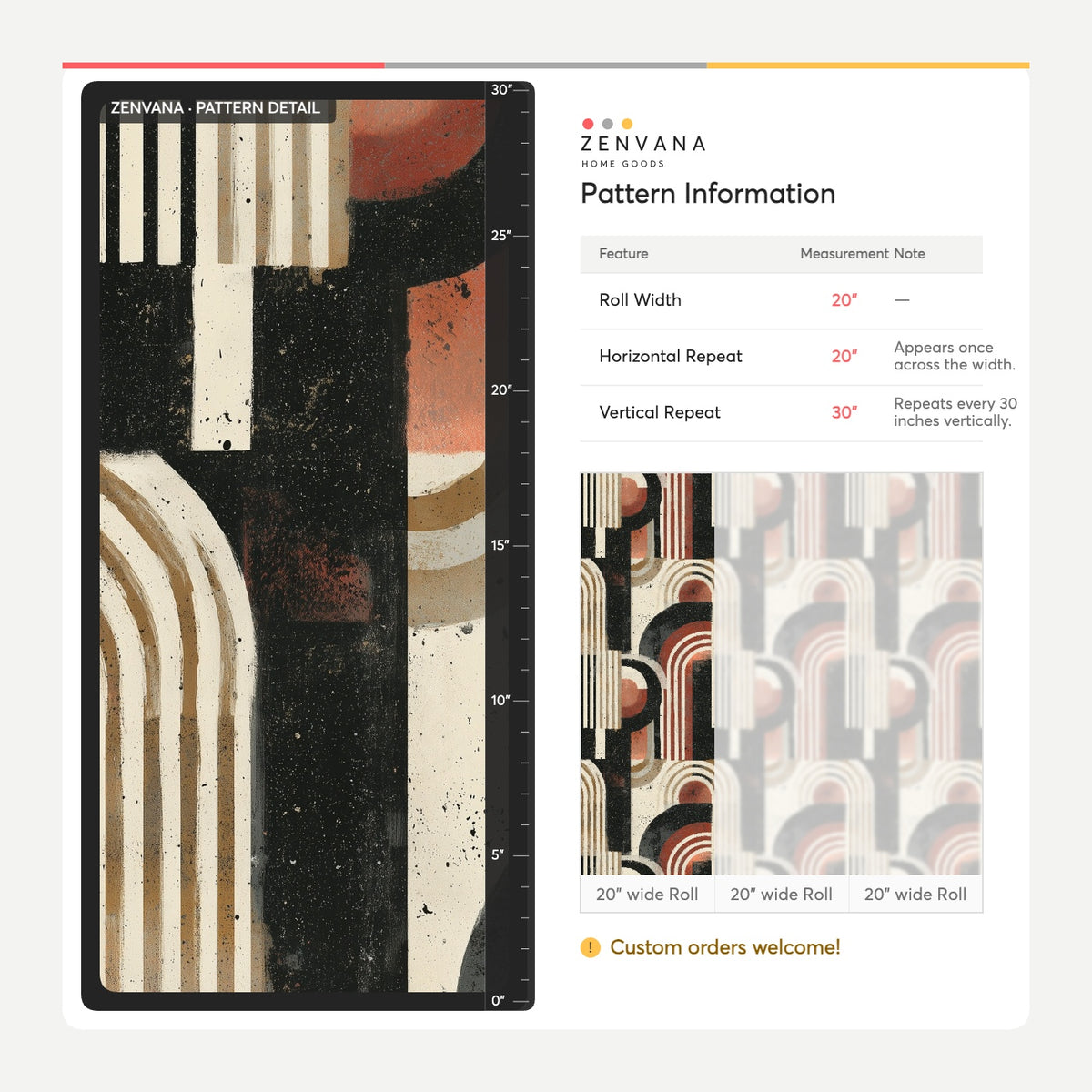 Abstract Arches Wallpaper Distressed Geometric Pattern Black Cream Terracotta Decor
