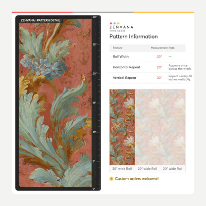 Coral Acanthus Wallpaper Aqua Blue Gold Rococo Baroque Pattern