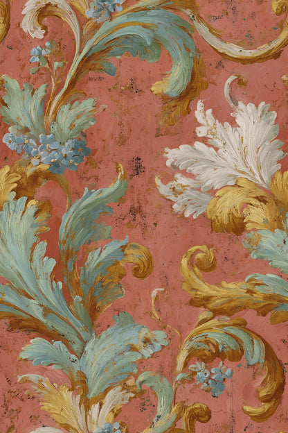 Coral Acanthus Wallpaper Aqua Blue Gold Rococo Baroque Pattern