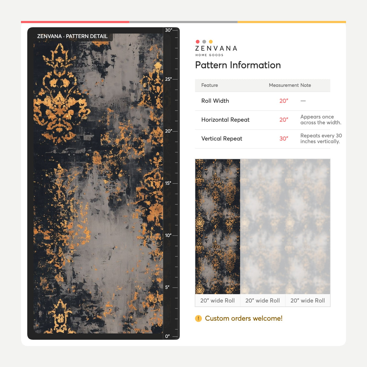 Distressed Damask Wallpaper Black Ground With Gold Ornamental Motifs