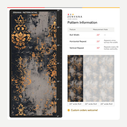 Distressed Damask Wallpaper Black Ground With Gold Ornamental Motifs