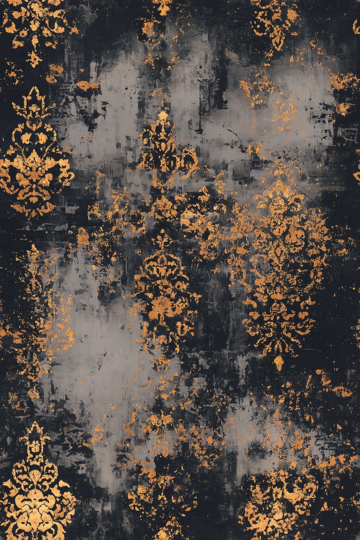 Distressed Damask Wallpaper Black Ground With Gold Ornamental Motifs