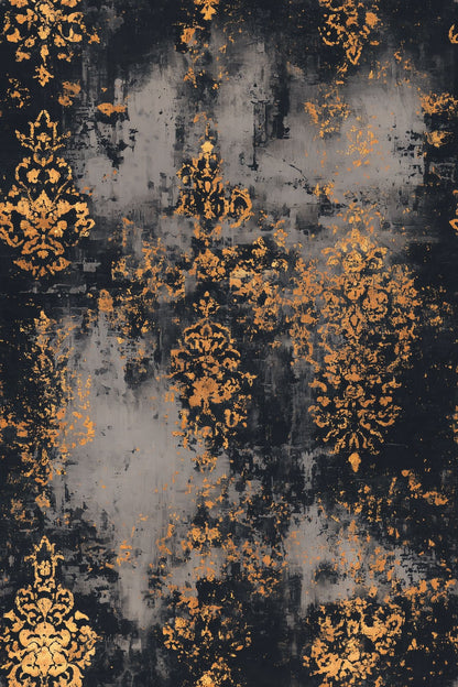 Distressed Damask Wallpaper Black Ground With Gold Ornamental Motifs