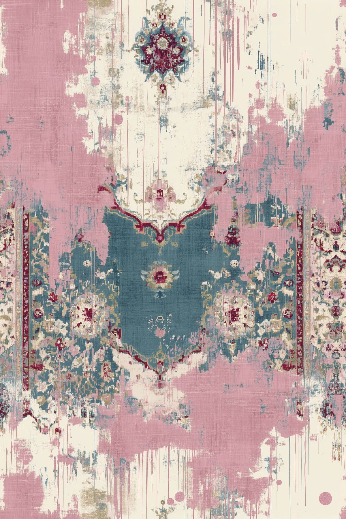 Oriental Medallion Wallpaper Distressed Pink Teal Vintage Texture
