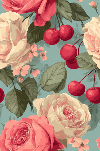 Rose And Cherry Wallpaper Vintage Botanical Teal Ground