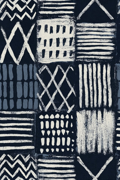 Geometric Block Print Wallpaper Navy Abstract Grid