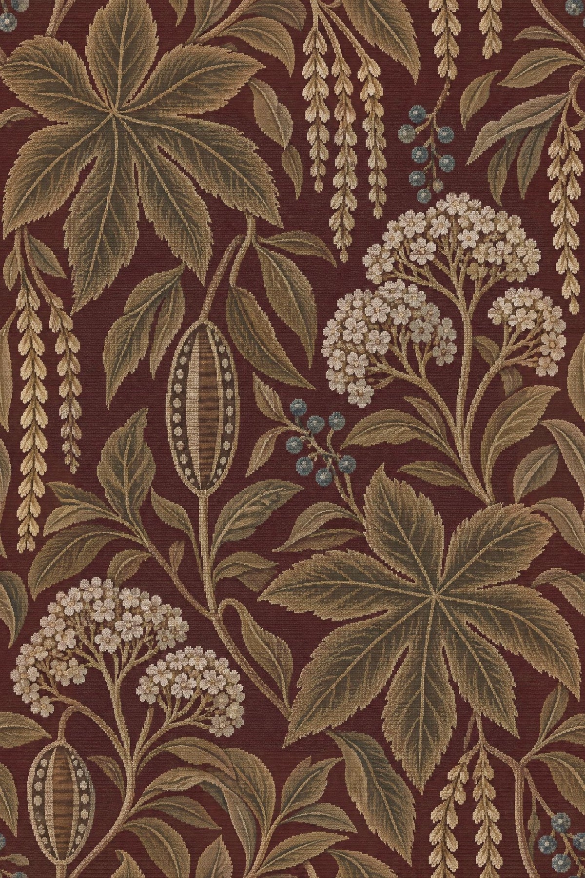 Vintage Botanical Wallpaper in Burgundy with Antique Tapestry Effect