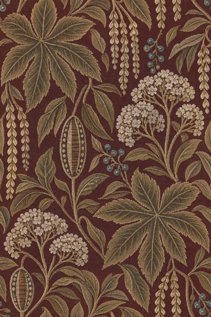 Vintage Botanical Wallpaper in Burgundy with Antique Tapestry Effect