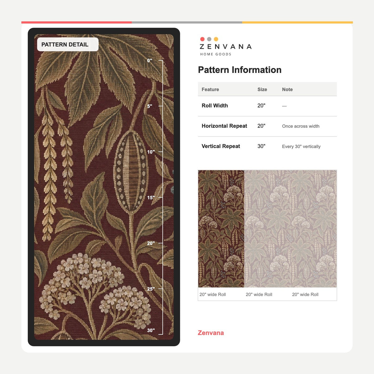 Vintage Botanical Wallpaper in Burgundy with Antique Tapestry Effect