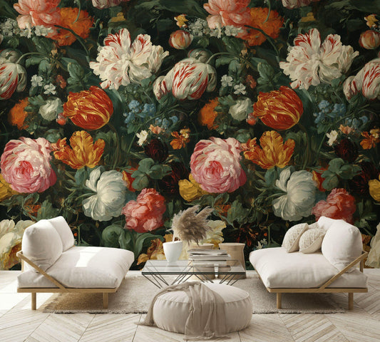 Dutch Masters Floral Wallpaper | Vintage Botanical Wall Mural | Dark Academia Peel and Stick Decor