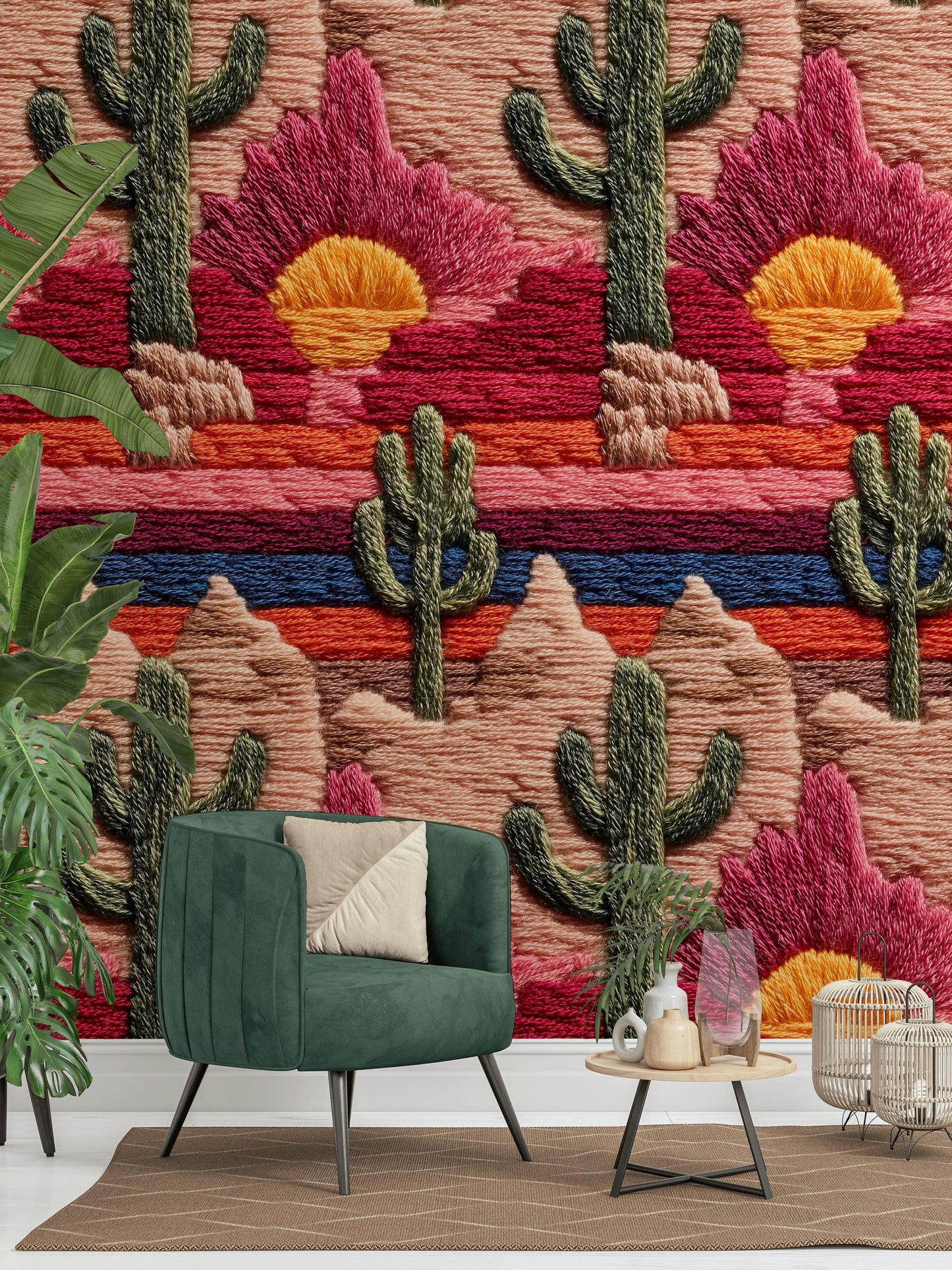 Embroidered Desert Landscape Wallpaper | Southwestern Wall Mural | Boho Peel and Stick Decor
