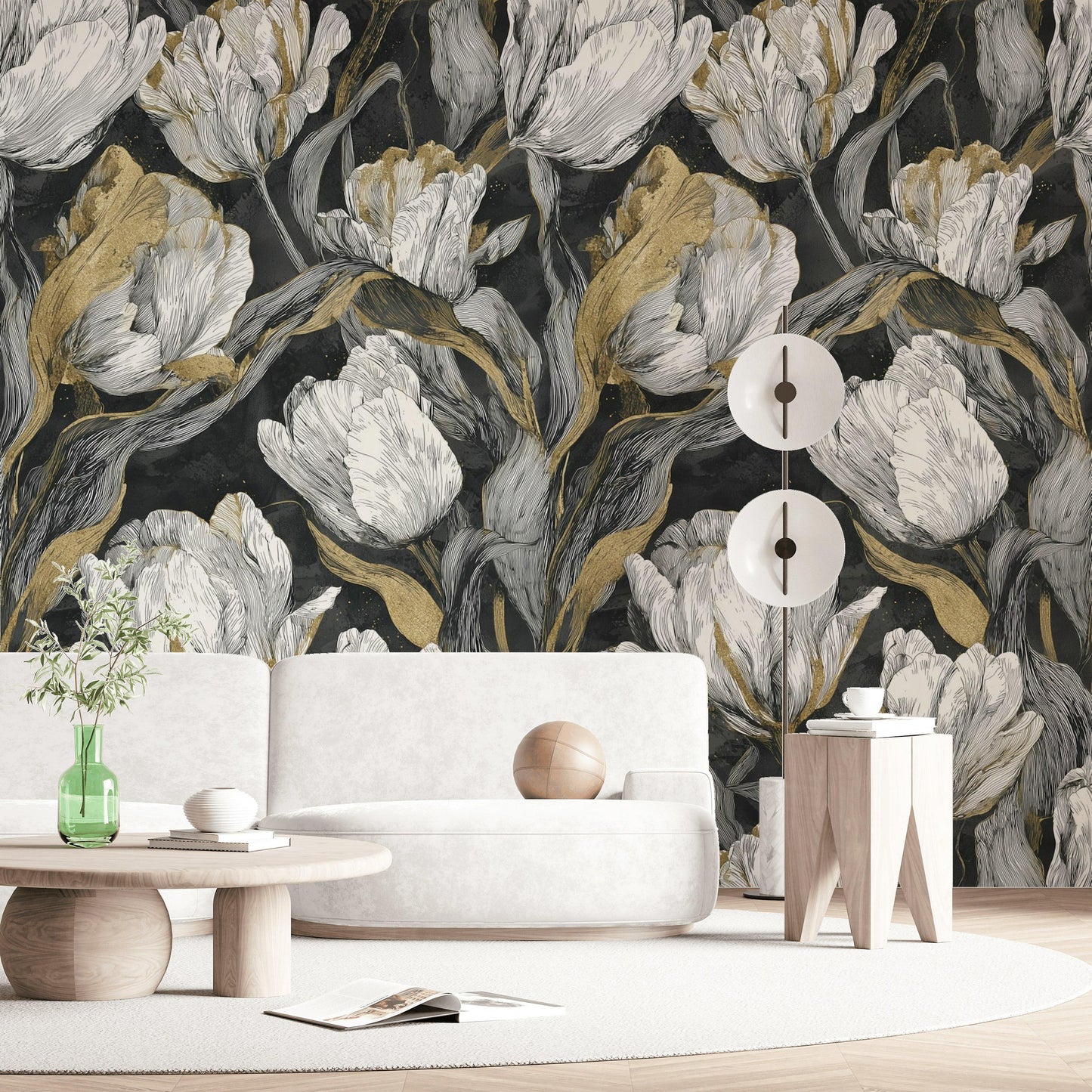 Luxury Gold Tulip Wallpaper | Dark Floral Wall Mural | Modern Botanical Peel and Stick Decor