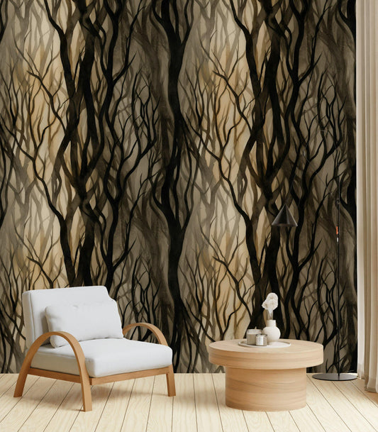 Mystical Forest Tree Branches Wallpaper | Dark Academia Wall Mural | Abstract Peel and Stick Decor
