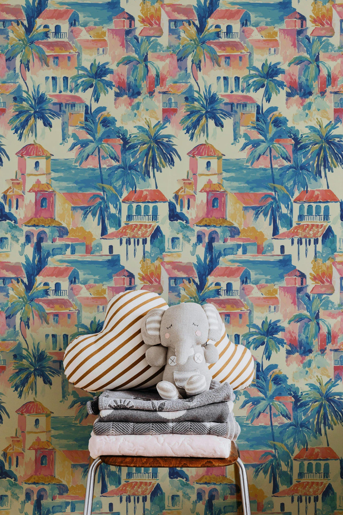 Watercolor Mediterranean Village Peel and Stick Wallpaper | Coastal Town Wall Mural Removable Seaside Decor