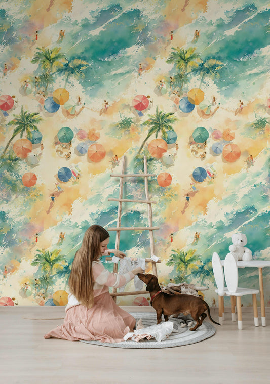 Aerial Beach Scene Wallpaper | Watercolor Coastal Wall Mural | Summer Peel and Stick Decor
