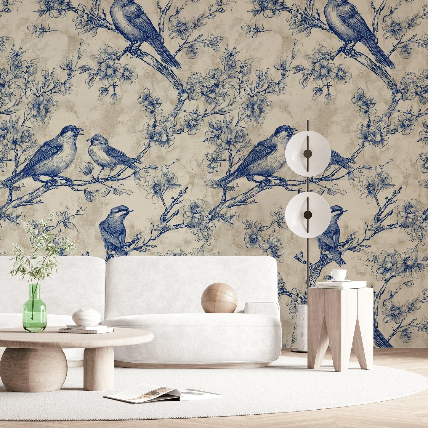 Chinoiserie Bird & Branch Wallpaper | Toile Style Wall Mural | Blue Botanical Peel and Stick Decor