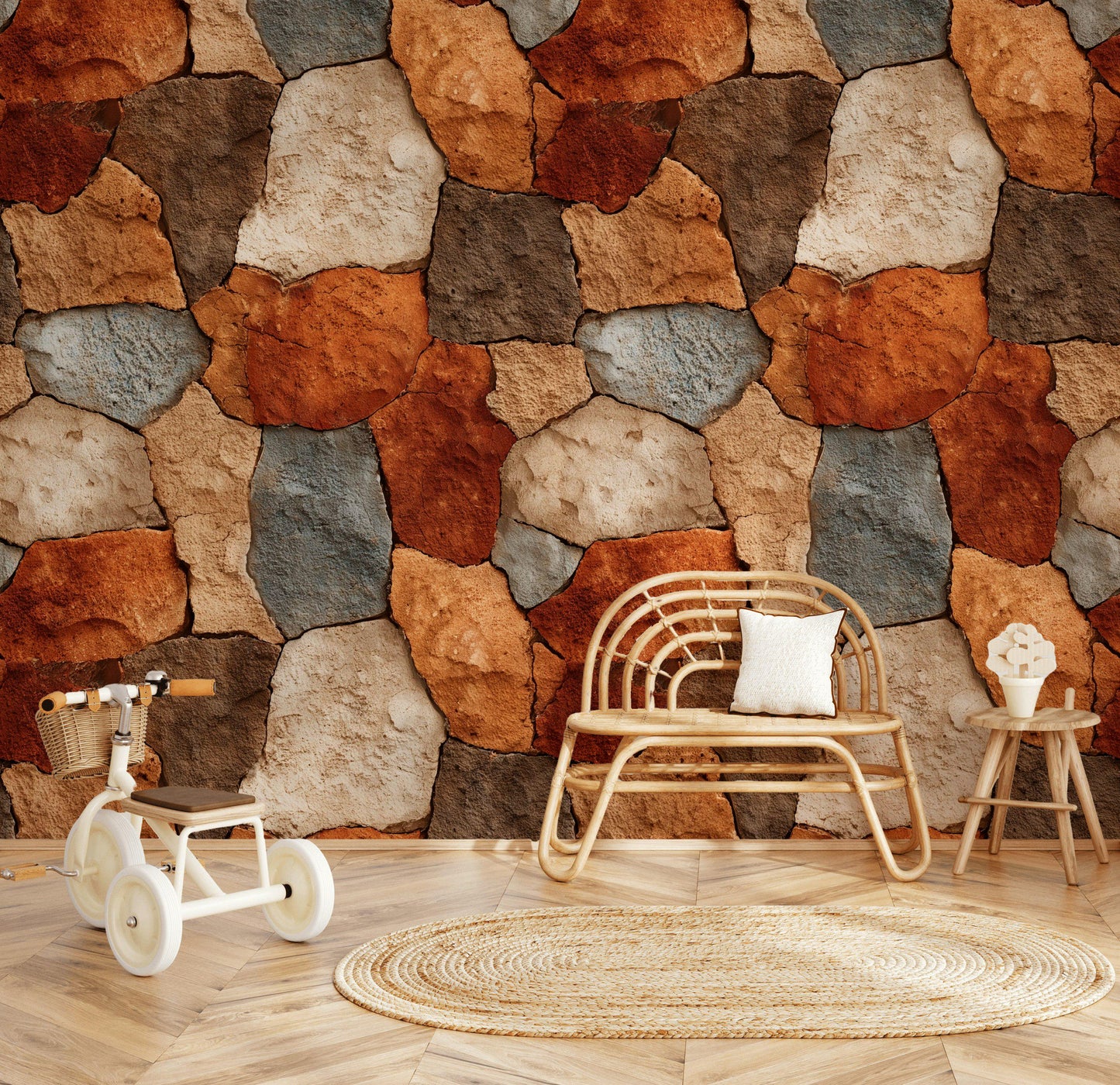 Rustic Stone Wall Wallpaper | Natural Stacked Rock Mural | Faux Stone Peel and Stick Decor