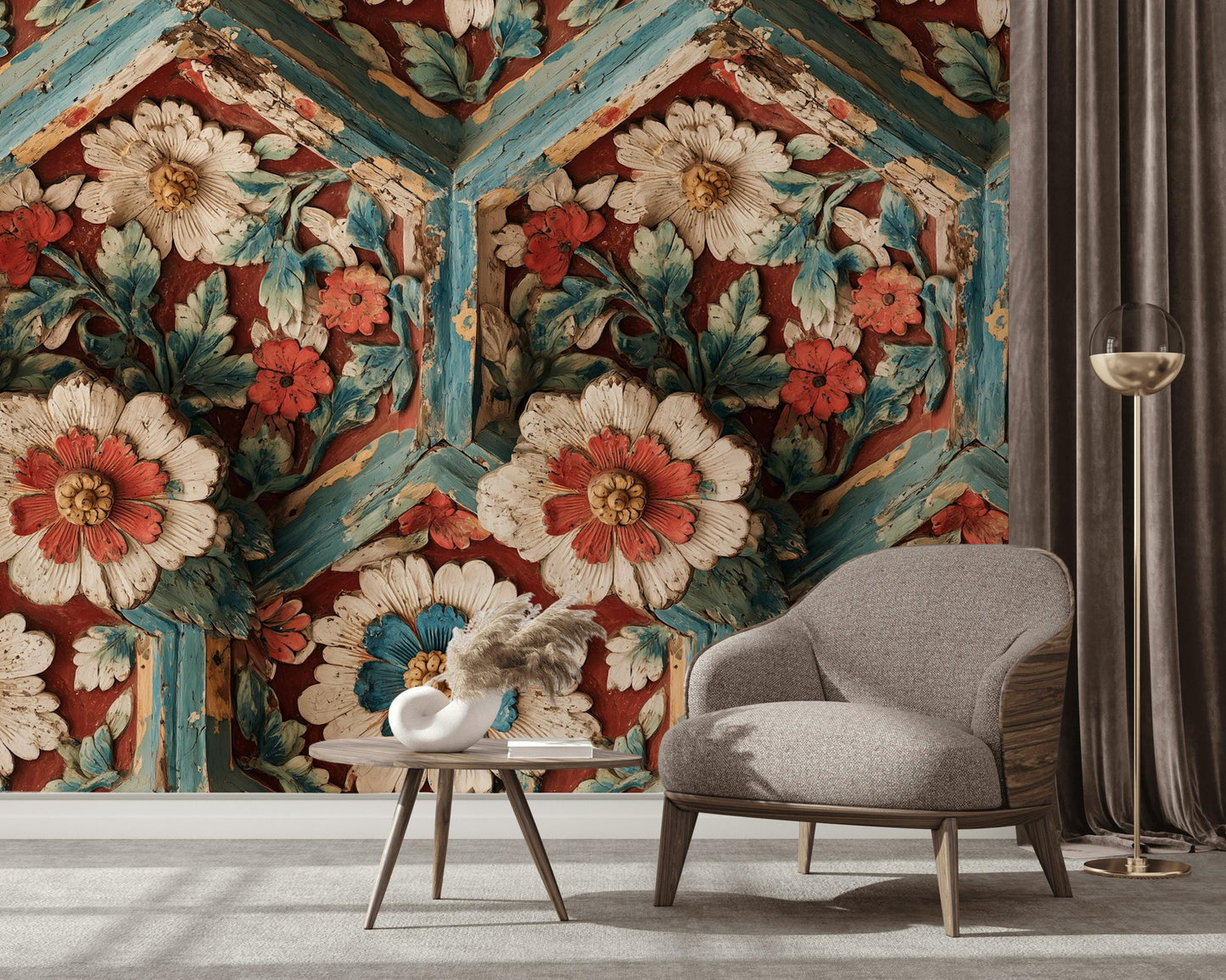Faux Carved Wood Wallpaper: 3D Floral Peel and Stick Wall Mural