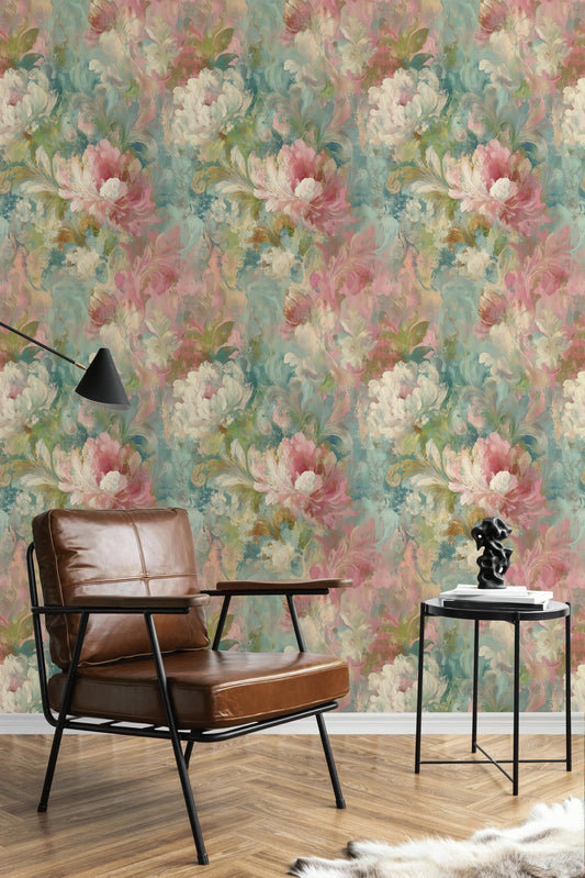 Romantic Watercolor Floral Wallpaper | Dreamy Botanical Wall Mural | Soft Pastel Peel and Stick Decor