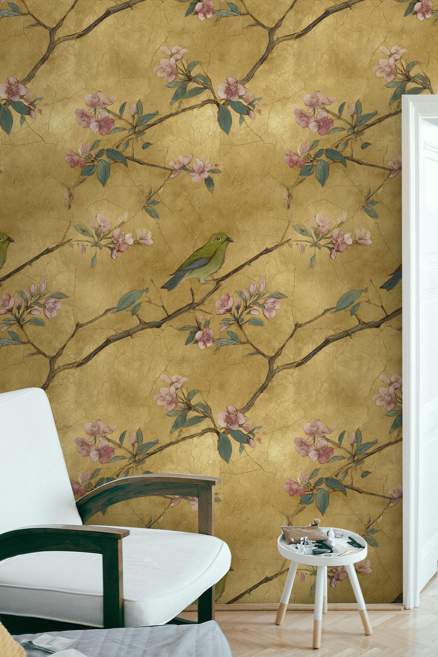 Chinoiserie Gold Leaf Wallpaper: Bird & Cherry Blossom Peel and Stick Mural