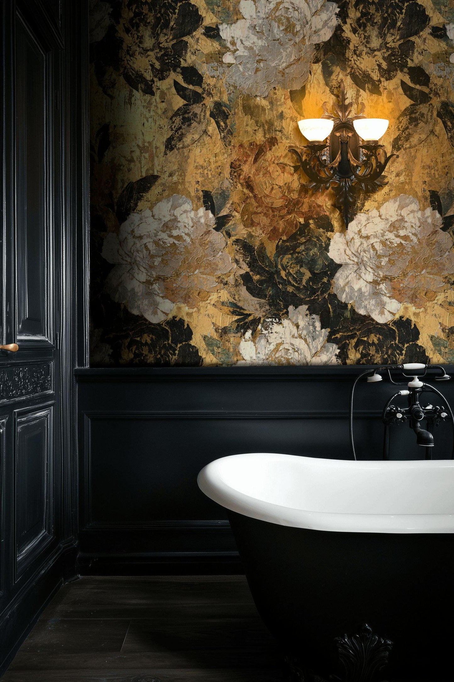 Gold Floral Peel and Stick Wallpaper: Textured Impasto Wall Mural