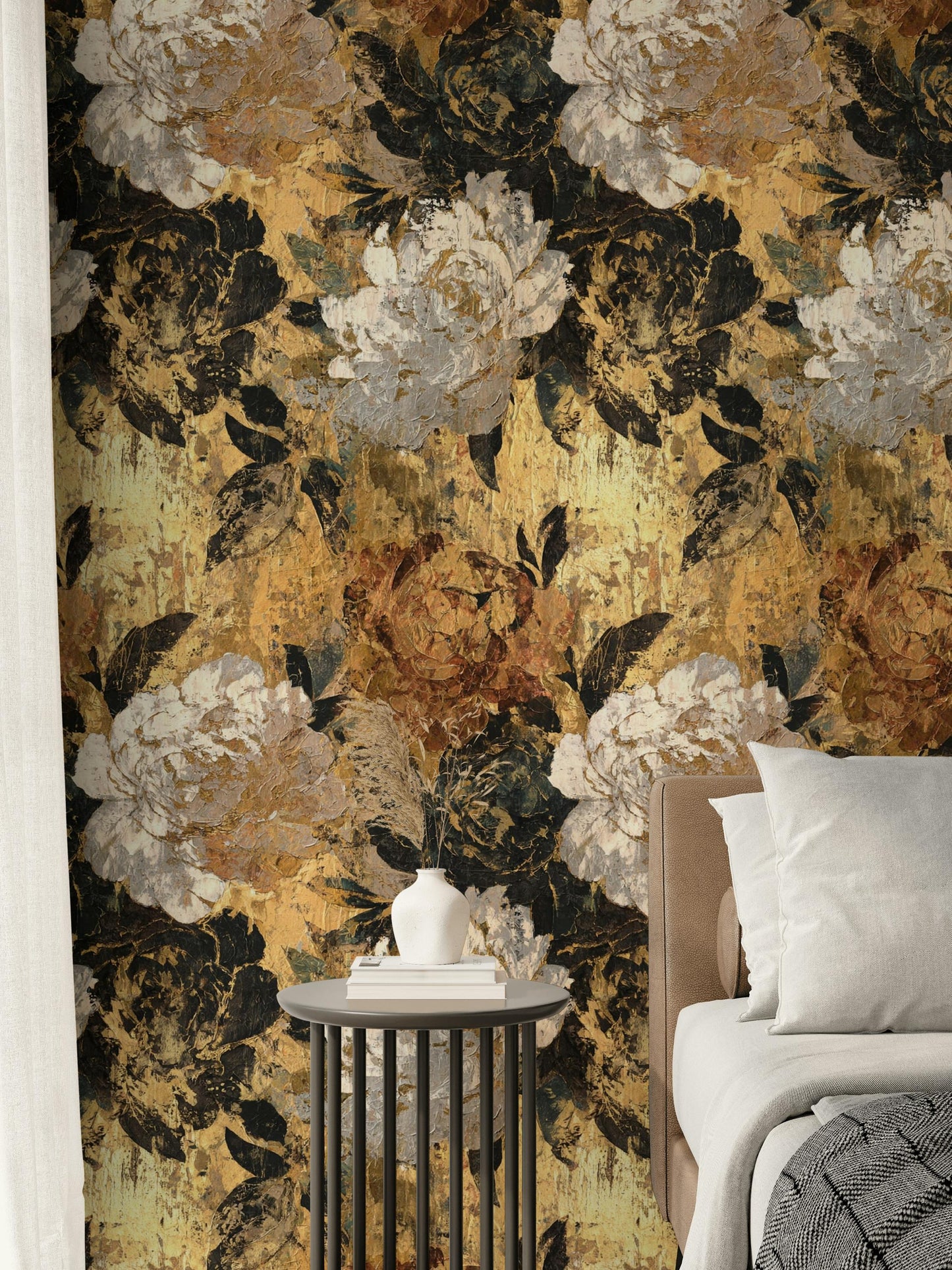 Gold Floral Peel and Stick Wallpaper: Textured Impasto Wall Mural