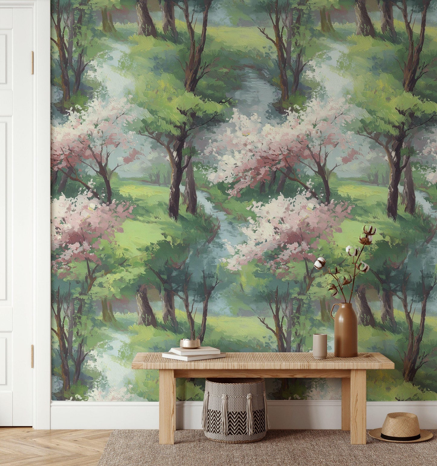 Watercolor Spring Forest Wallpaper: Peel and Stick Green Landscape Wall Mural