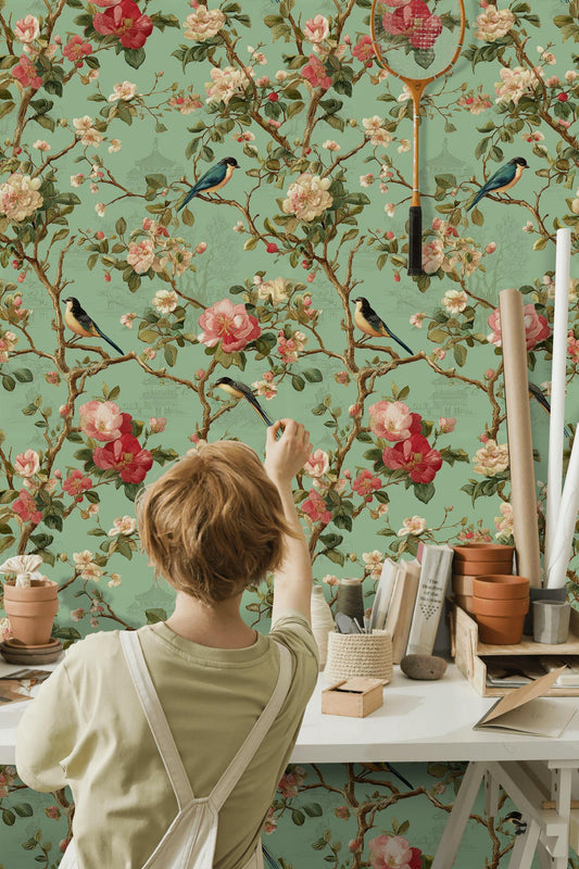 Chinoiserie Birds & Flowers Wallpaper | Vintage Oriental Wall Mural | Botanical Green Peel and Stick Decor