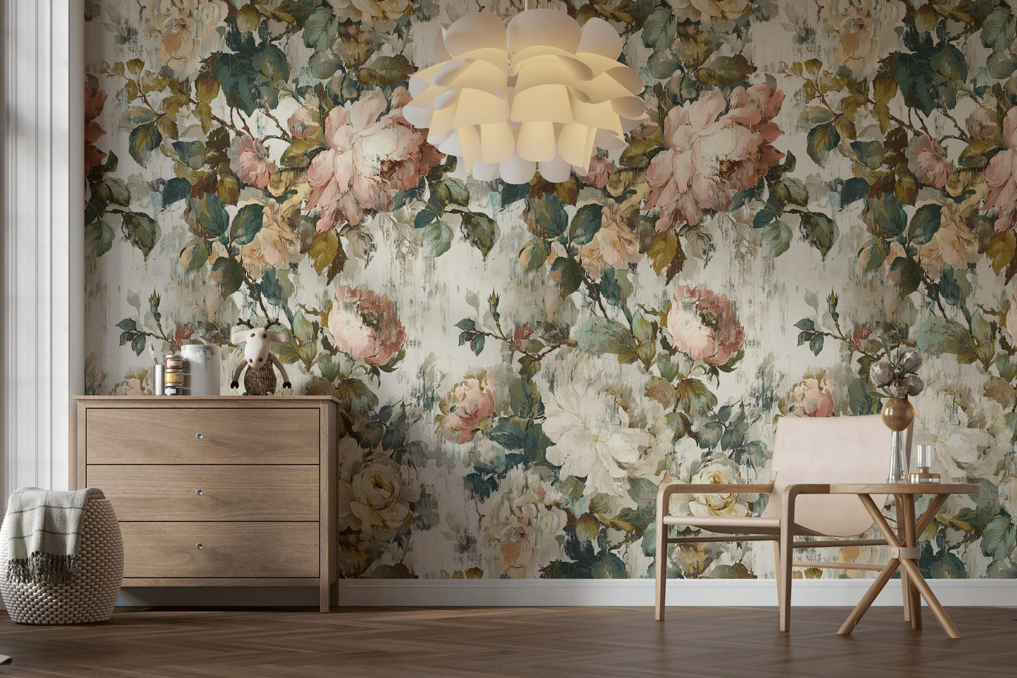 Vintage Floral Rose Wallpaper: Shabby Chic Peel and Stick Wall Mural