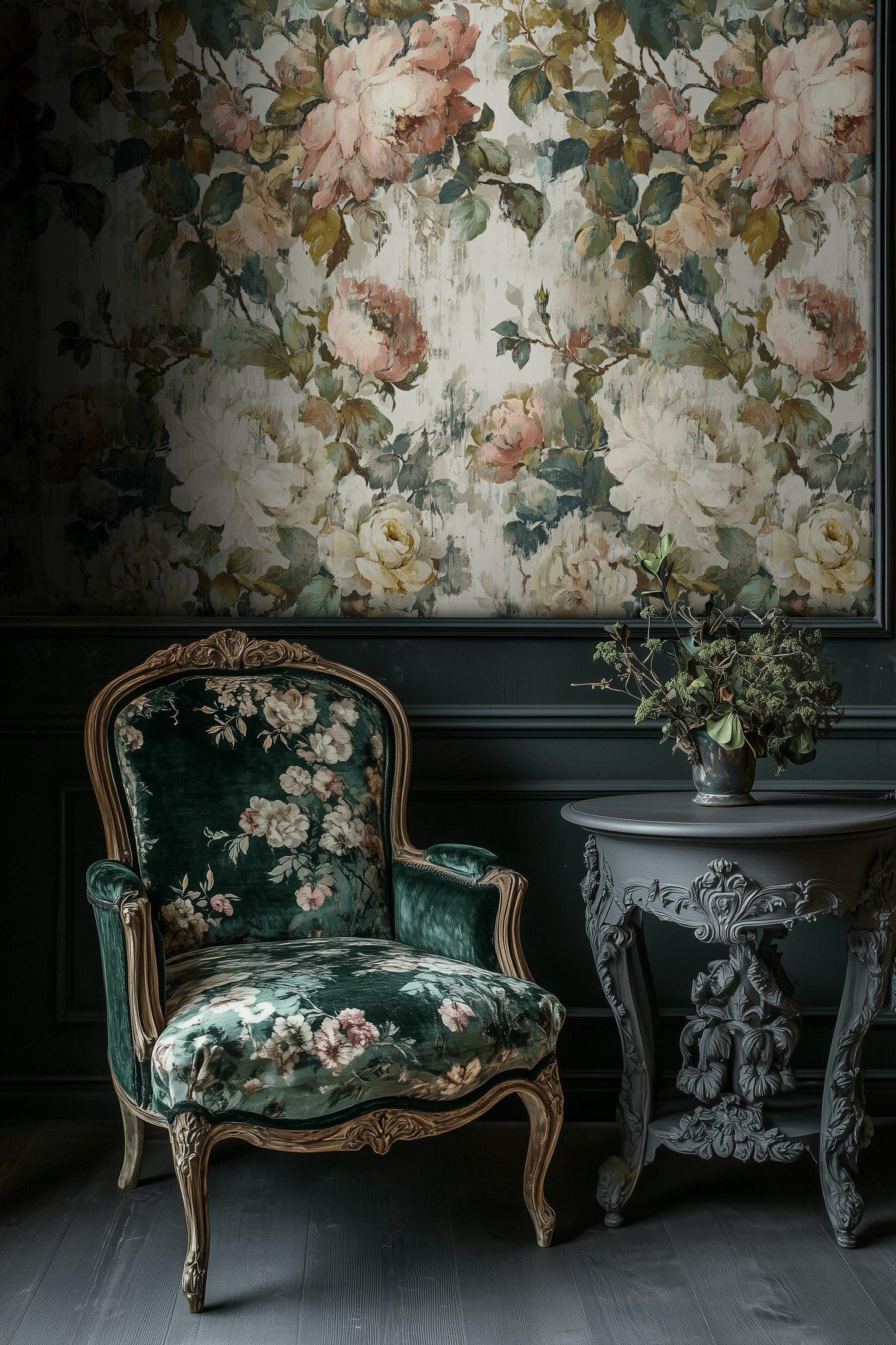 Vintage Floral Rose Wallpaper: Shabby Chic Peel and Stick Wall Mural