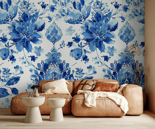 Watercolor Blue Floral Wallpaper | Chinoiserie Botanical Wall Mural | Traditional Peel and Stick Decor