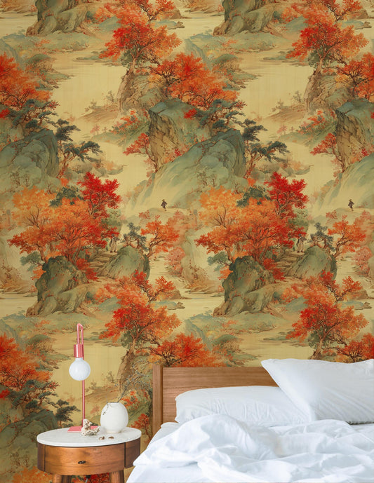 Oriental Landscape Wallpaper | Asian Mountain Wall Mural | Traditional Chinese Art Peel and Stick Decor